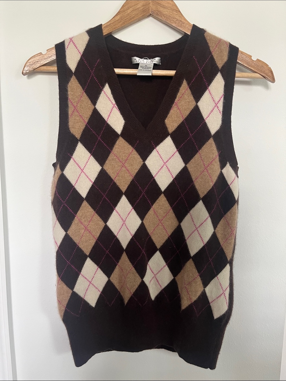 Marconi 100% Cashmere V Neck Sweater Vest (Sz M) Brown & Pink Argyle